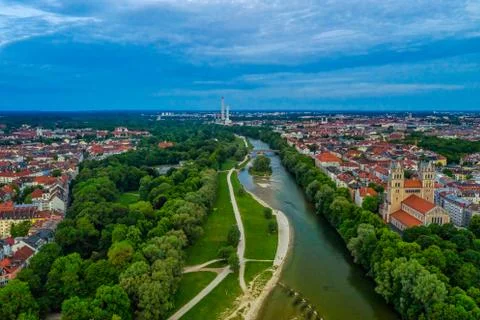 View over Munich with the Isar river, authentic from above, bavaria, Germany. Stock Photos