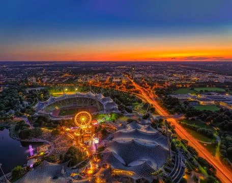The view over Munich from the Olympic tower at the sunset. Stock Photos