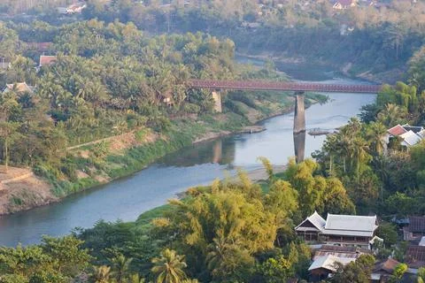 View over Nam Khan River from Wat Phousi Temple, Laos, Southeast Asia Stock Photos