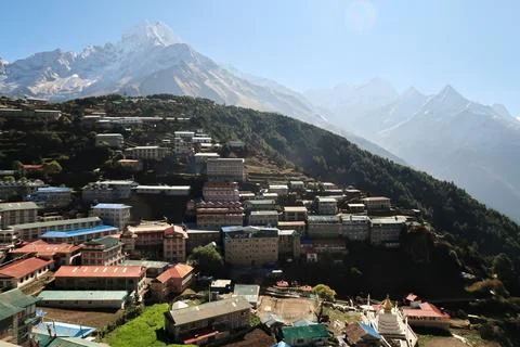 View over Namche Bazar, Bazaar, mountains are rising in the background, Mou.. Stock Photos