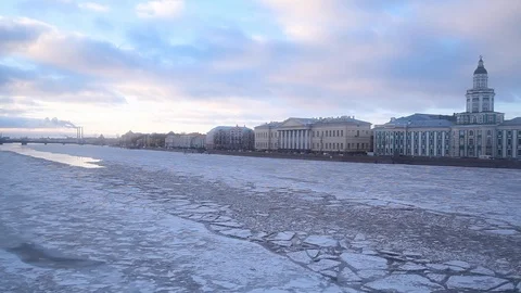 View over Neva river covered in ice during winter in St. Petersburg, Russia. Stock Footage 103468703