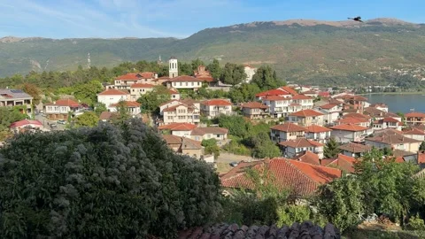 View Over Ohrid North Macedonia Old Town Red Roofs and Mountain Landscape Stock Footage 346153202