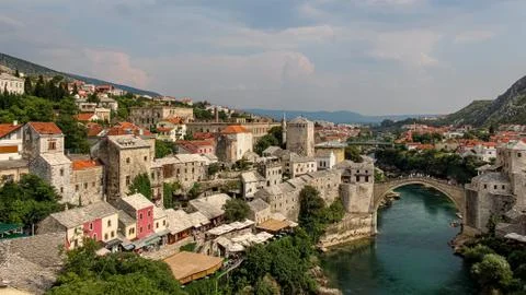 View over the old town of Mostar and the old bridge over the Neretva River Stock Photos