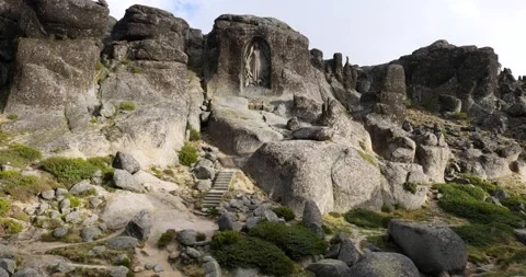 View over Our Lady of the Good Star a small sanctuary carved into the mountain Stock Footage 222986884