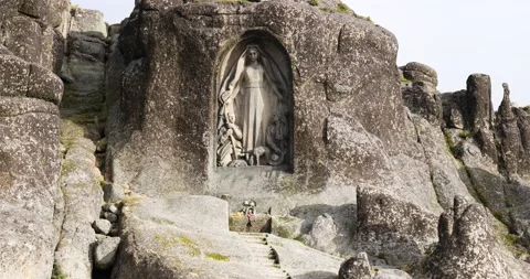 View over Our Lady of the Good Star a small sanctuary carved into the mountain Stock Footage 223345817