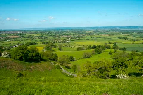 View over patchwork fields of The Severn Vale from Coaley Peak Fotos de archivo