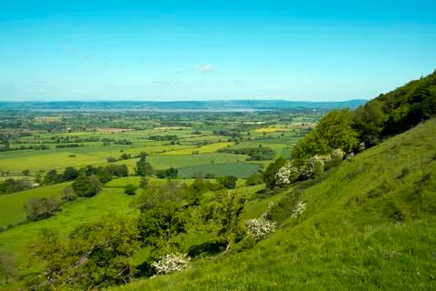 View over patchwork fields of The Severn Vale from Coaley Peak Fotos de archivo