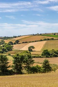 A view over patchwork fields under a blue sky, on a summer's day on the Isl.. Fotos de archivo