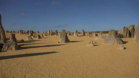 View over Pinnacles in the sandy desert on a sunny afternoon Stock Footage 86929692