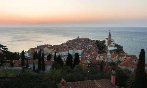 View over Piran at sunset Stock Photos