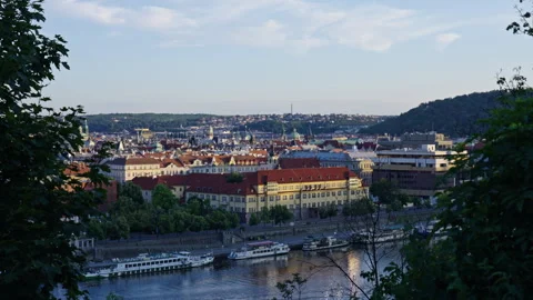 View over Prague and Vltava River with Boats at Sunset Stock Footage 313842957