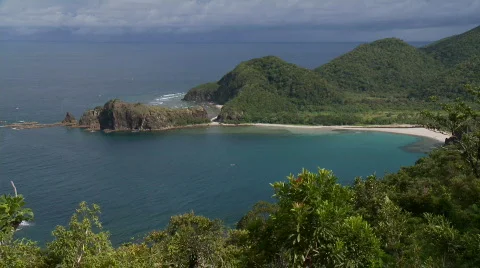 View over rainforest inclosed sandy beach cove 스톡 동영상 558460