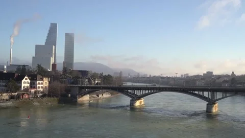View over Rhine River in Basel Switzerland with a bridge Stock Footage 263646262