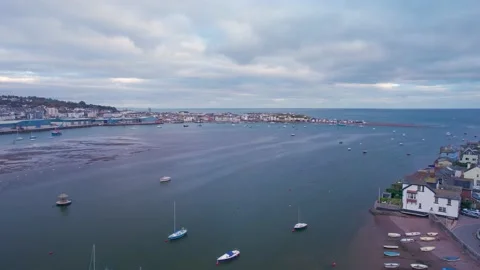 View over River Teign, Shaldon and Teignmouth from a drone, Devon, England Vidéo 166673814