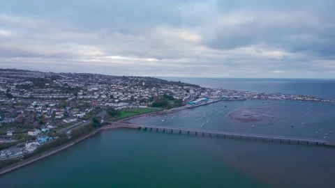 View over River Teign, Shaldon and Teignmouth from a drone, Devon, England Video stock 166674993