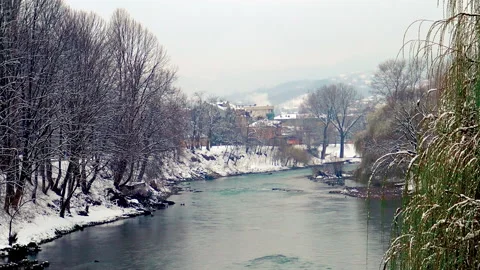 View over river Vrbas during cold winter day. Video stock 206109231