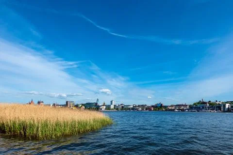 View over the river Warnow to the hanseatic town Rostock, Germany Stock Photos