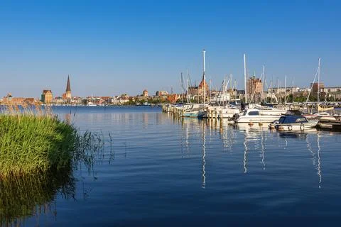 View over the river Warnow to the Hanseatic City of Rostock Stock Photos