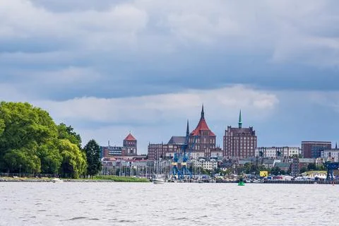 View over the river Warnow to the Hanseatic City of Rostock, Germany Stock Photos