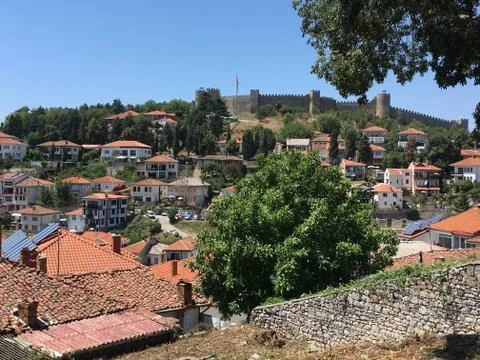 View over rooftops of castle on hill, Kruje, Albania, Balkans Stock Photos