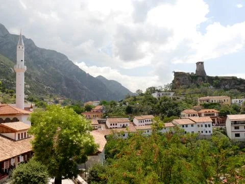 View over rooftops of mosque and castle of Kruje, Albania, Balkans Stock Photos