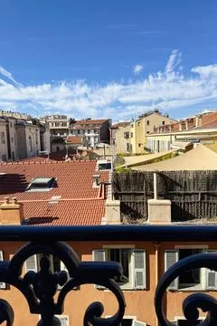 View over rooftops of Nice from a balcony in France Stockfoto's