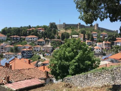 View over rooftops of Rozafa Castle on hill, Shkoder, Albania, Balkans Stock Photos