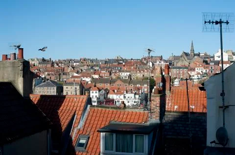 View over rooftops of a town Stock Photos
