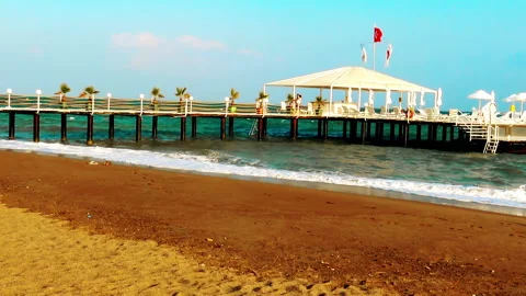 A view over sandy beach with bungalows and beach facilities Stock Footage 144224445