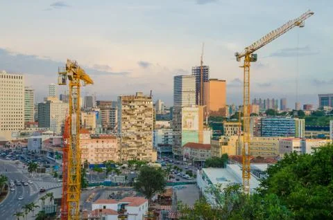 View over the skyline of Luanda with constructions cranes, modern buildings and Stock Photos