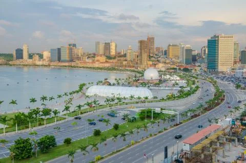 View over the skyline of Luanda with constructions cranes, highway and the Stock Photos