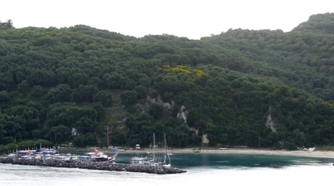 View over a small harbor where yachts are moored, built under a hill covered Stock Footage 68541401