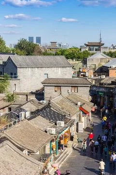 View over the small shops and houses of the hutongs in Beijing Stock Photos