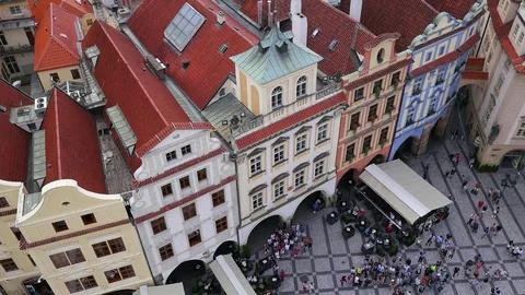 View over square close to the Astronomical clock in Prague, Czech Republic Stock Footage 76315871