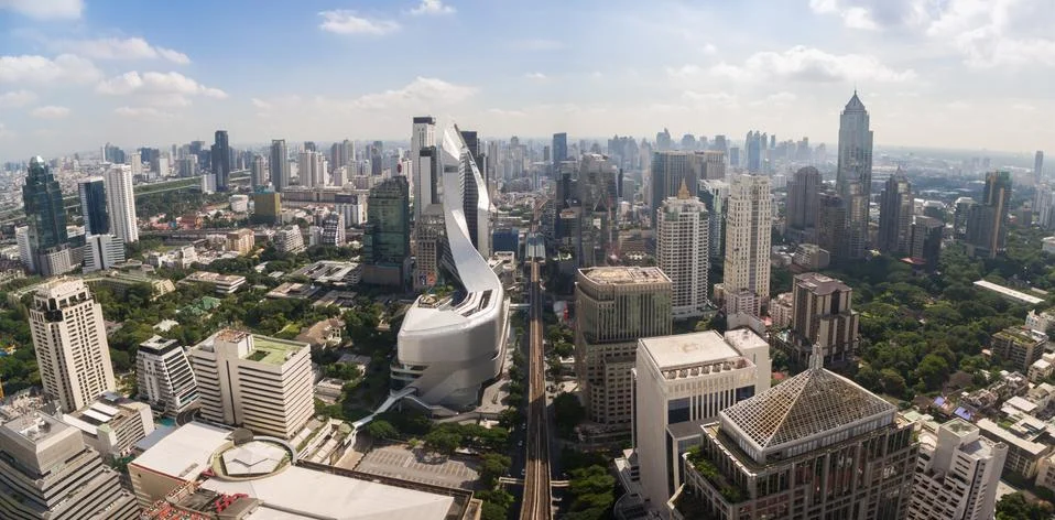 View Over Sukhumvit District In Central Bangkok, Thailand, Panoramic Aerial C Stock Photos