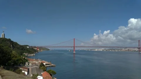 View over the tagus river the 25 april bridge and Lisbon Stock Footage 132575612