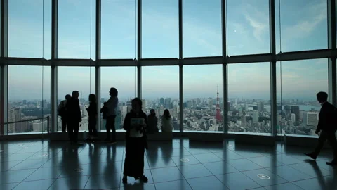 View over Tokyo Observation Deck Mori Tower 4K people walking Stock Footage 221378326