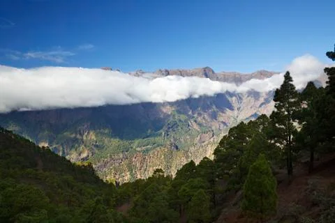 View over the trees to the Caldera de Taburiente from La Cumbrecita in La Pal Stock Photos
