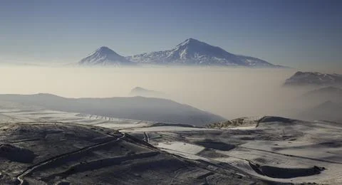 View over the two peaks of the Mount Ararat from Armenia Stock Photos