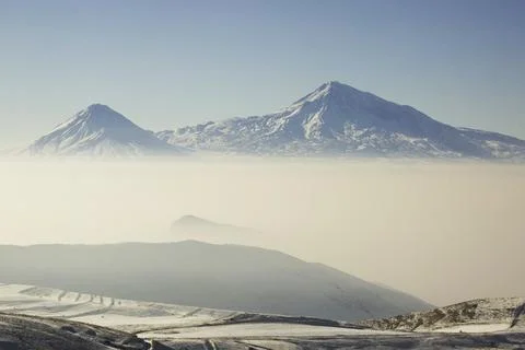 View over the two peaks of the Mount Ararat from Armenia Stock Photos