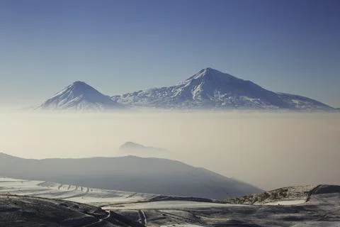 View over the two peaks of the Mount Ararat from Armenia Stock Photos