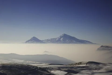 View over the two peaks of the Mount Ararat from Armenia Stock Photos