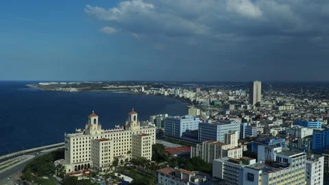View over Vedado towards Hotel Nacional and El Malecon in Havana, Cuba Stock Footage 139488319