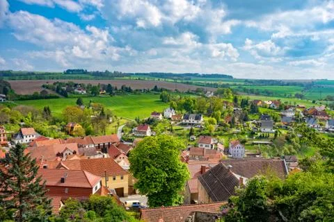 View over the village of Ranis in Thuringia in spring Stock Photos