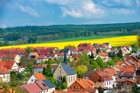 View over the village of Ranis in Thuringia in spring Stock Photos