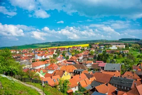 View over the village of Ranis in Thuringia in spring Stock Photos