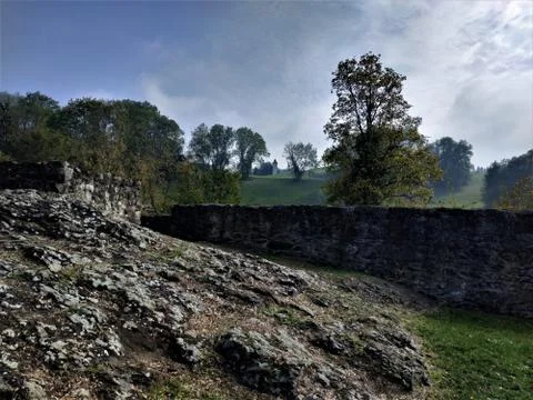View over the wall of the lower castle in Schellenberg Stock Photos