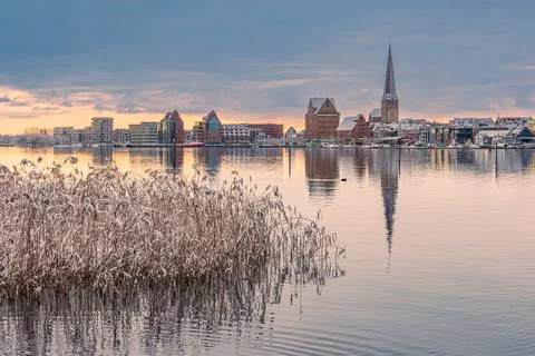 View over the Warnow in winter time to the Hanseatic city of Rostock, Germany Stock Photos