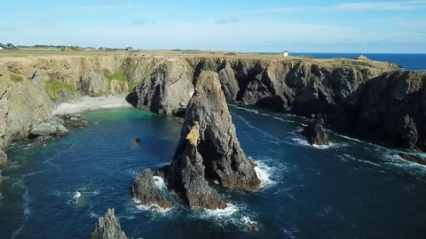 View over the wild coast of belle ile in brittany France Stock Footage 113461869
