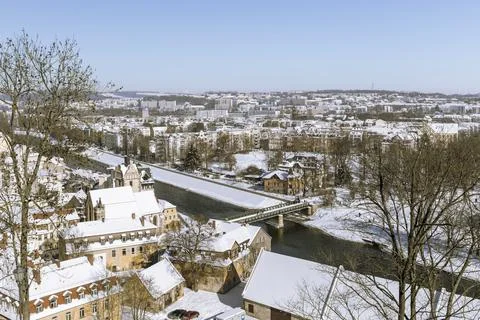 View over the wintry Gera Stock Photos